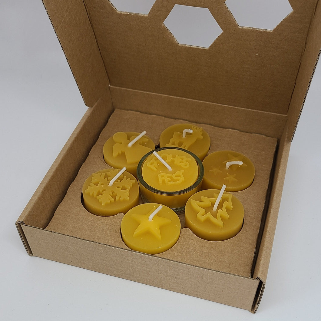 7er Geschenkbox - Teelichter aus Bienenwachs mit Glas - Weihnachtsmotiv