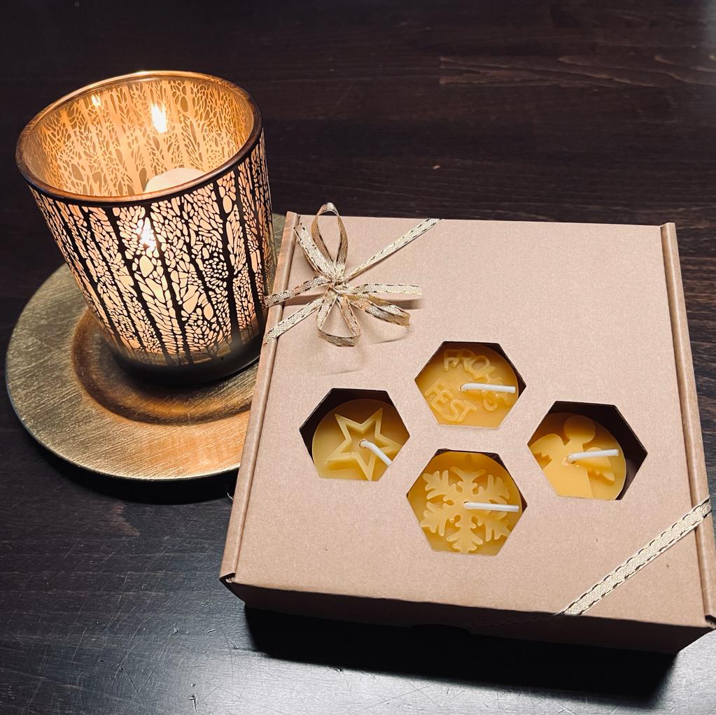 7er Geschenkbox - Teelichter aus Bienenwachs mit Glas - Weihnachtsmotiv